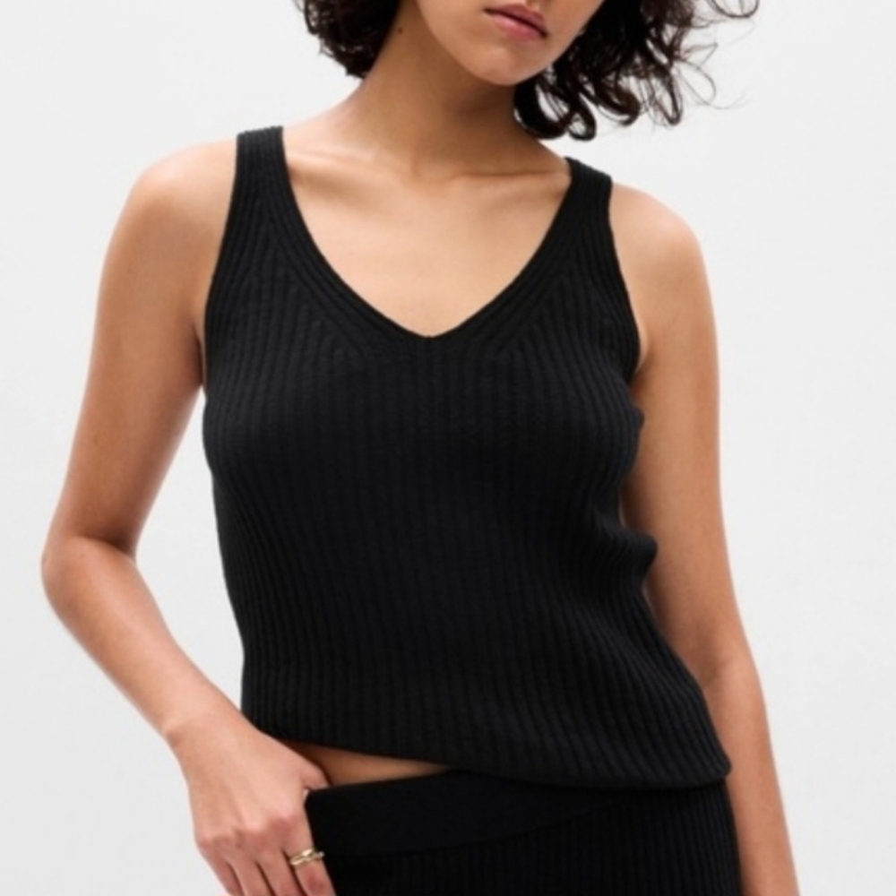 🛍 Gap CashSoft Rib Tank Top Black V-neck Ribbed Knit Size Large Petite